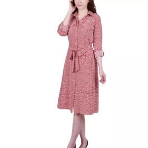 Ny Collection Women 3/4 Sleeve Tie-Waist Button Shirt-Dress Size XL